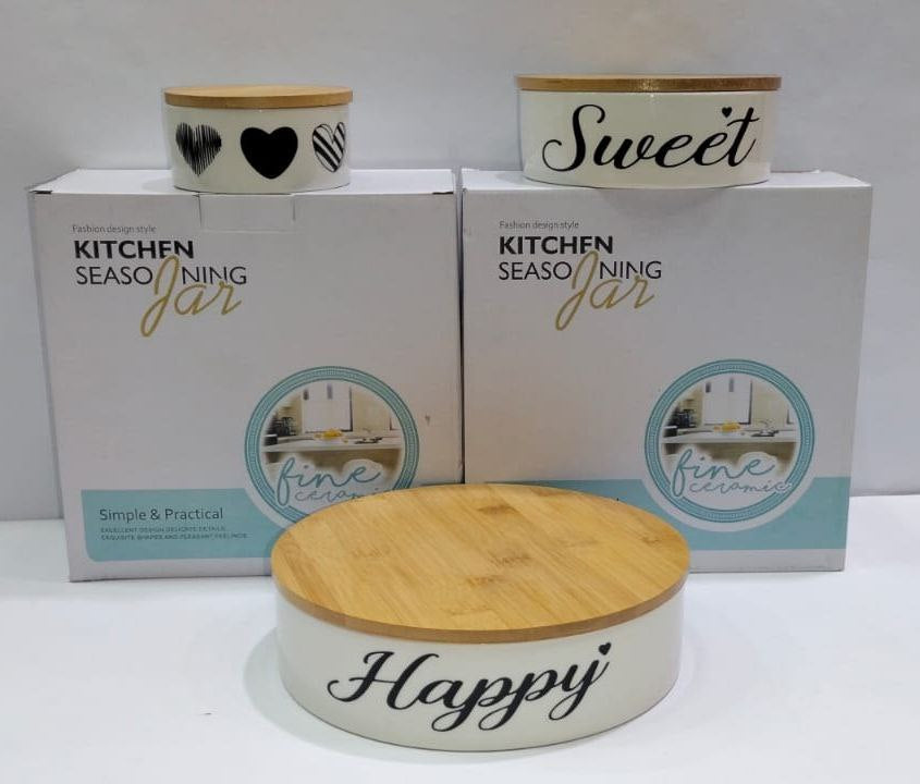 طقم بورسلين 3 قطع غطاء خشب