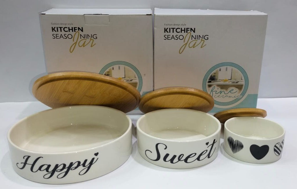 طقم بورسلين 3 قطع غطاء خشب